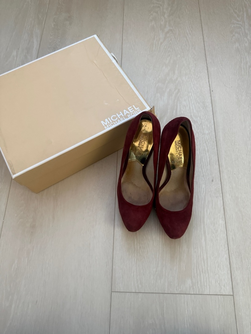 MICHAEL Michael Kors Burgundy Suede Pointed Gold Studded Pumps